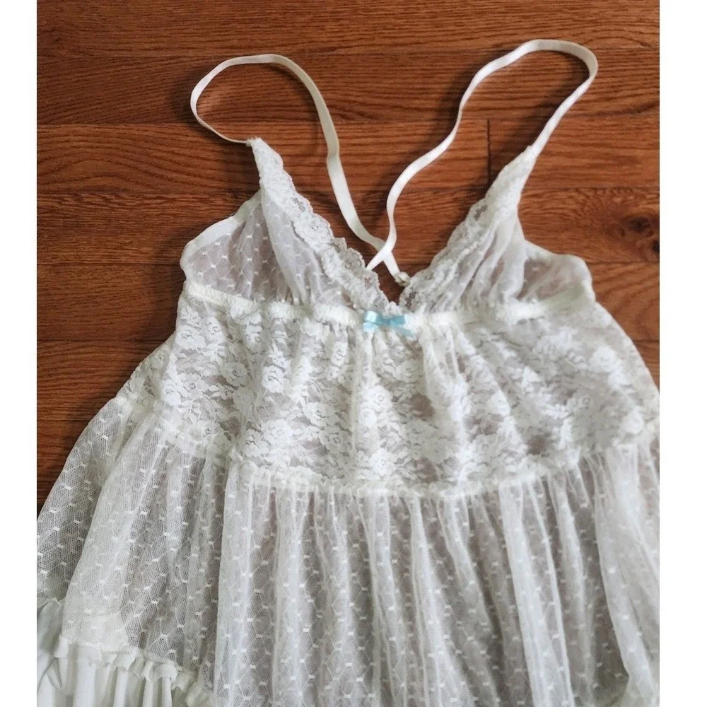Gillian & OMalley Intimates Sheer‎ White Lace Babydoll Slip Chemise Blue Bow S